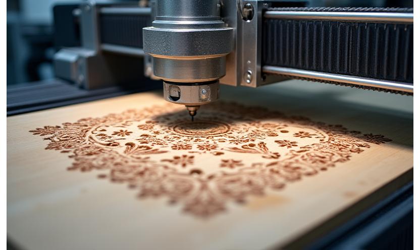 Nahaufnahme einer CNC-Fräsmaschine bei der Arbeit am Holz in einer modernen Werkstatt