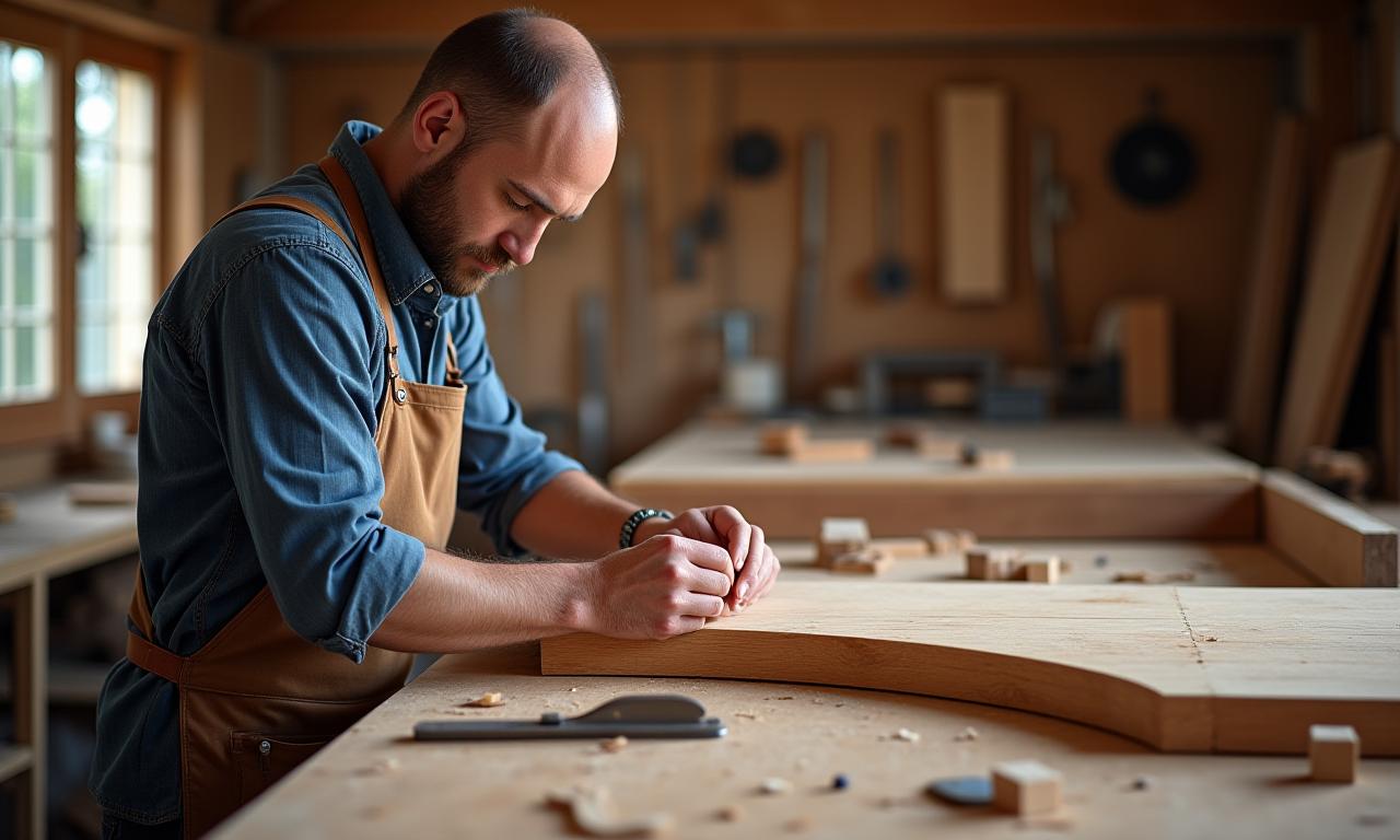 Meisterhafte Werkstattansicht mit Tischler bei der Arbeit an einem Holzstück