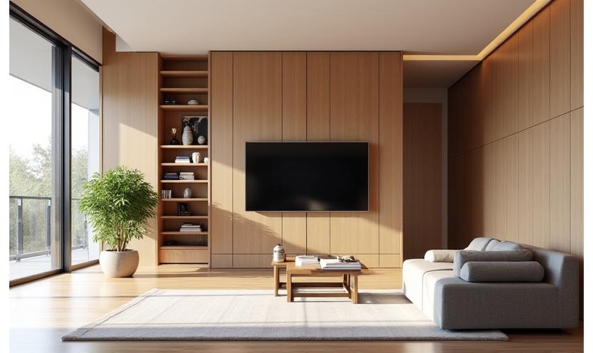 Modernes Wohnzimmer mit eleganten Holzwandverkleidungen und Einbauschränken