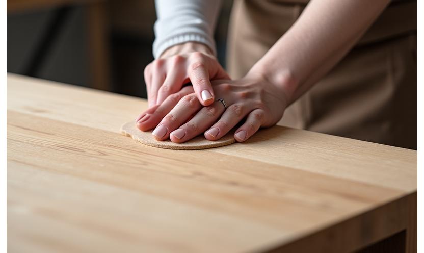 Handwerker fertigt elegante Holztischplatte in Tischlerei