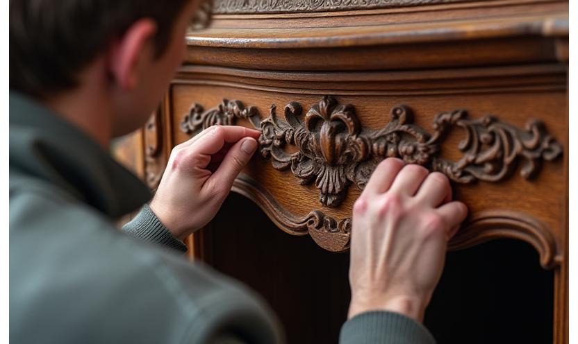 Detailaufnahme eines Holzarbeiters, der ein antikes Möbelstück restauriert