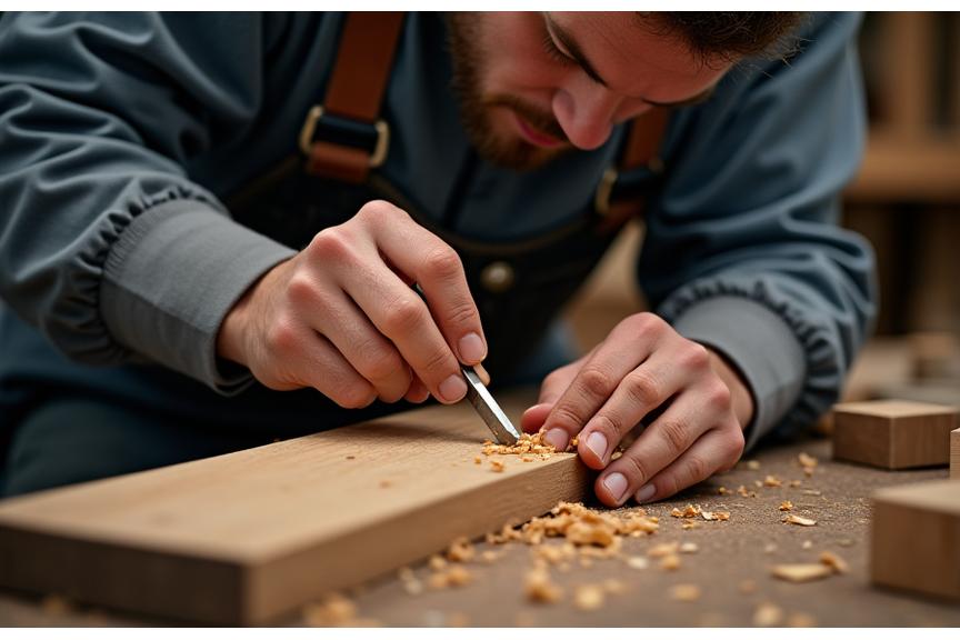 Ein Tischler bei der Detailarbeit an einem Holzwerkstück