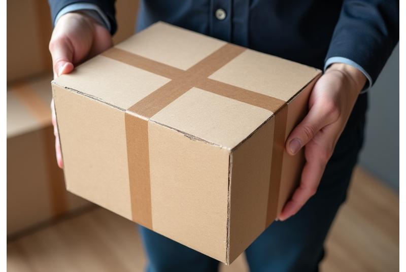Schema einer Holzlieferung mit schützender Verpackung und Detail einer Hand, die Dokumente überprüft.