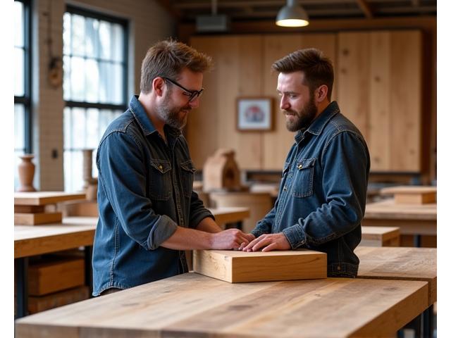 Gründer von Kubus Holz im Gespräch mit einem Kunden in der Werkstatt, umgeben von Holzprojekten.