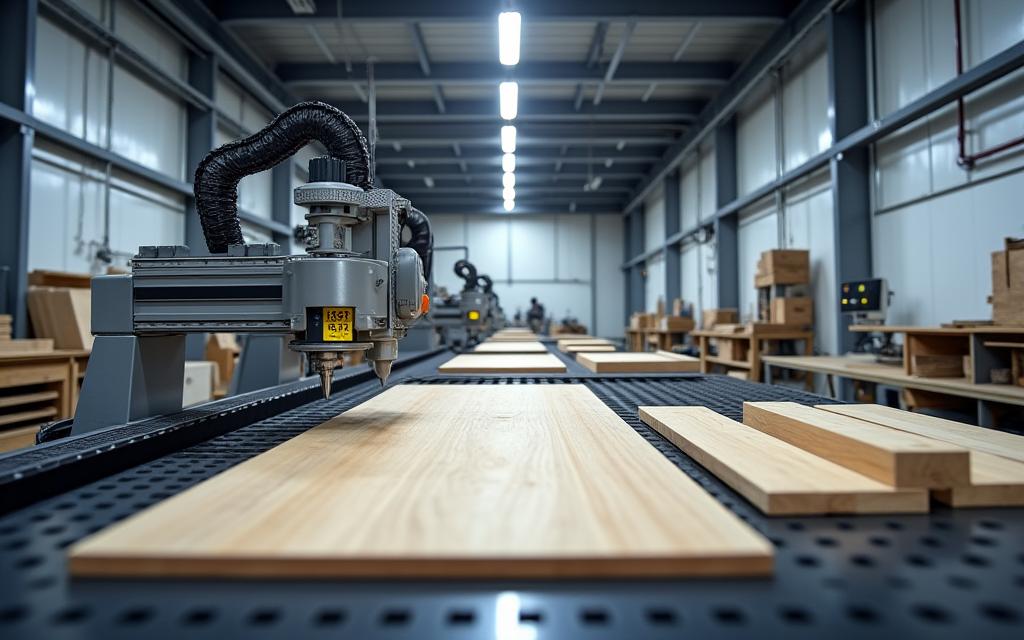 Innenansicht der Kubus Holz Werkstatt mit modernen CNC-Maschinen im Einsatz.