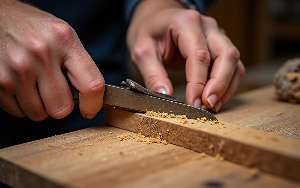 Handwerksmeister bei Kubus Holz detailreich mit traditionellen Holzwerkzeugen arbeitend.